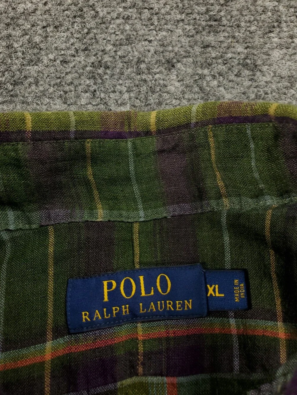 Polo Ralph Lauren Indian Madras Plaid 100% Linen XL Green Purple Long Sleeve NEW